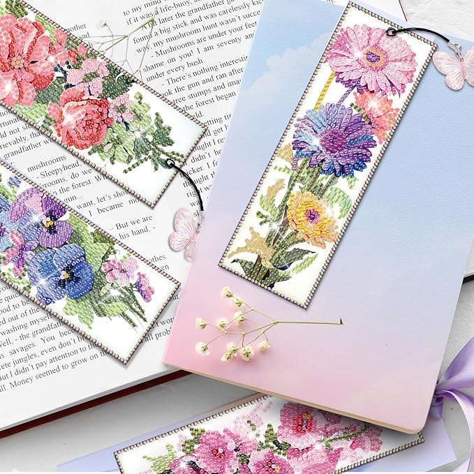 4pcs Flower Diamond Art Bookmarks Kit Floral Diamond Bookmarks for Adults 5D DIY Diamond Art Kit for Spring Reading Lover Book Lover Students DIY Gem Crafts Supplies Gift