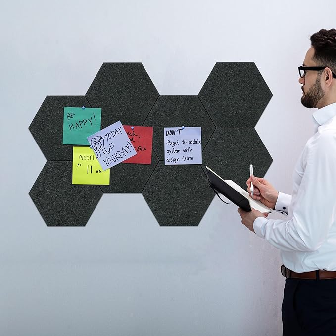 Vienrose Hexagon Felt Bulletin Board Self Adhesive Pin Board Wall Decoration Tiles with 35 Push Pins for Office Home and School, Black 8 Pack