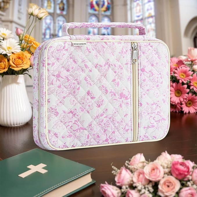 WOBAGMEN Bible Cover Case for Women,Large Bible Tote Bags Organizer Quilted Carrying Case for Girls,Bible Study Supplies Accessories Christian Gifts for Women (Purple Floral, M)