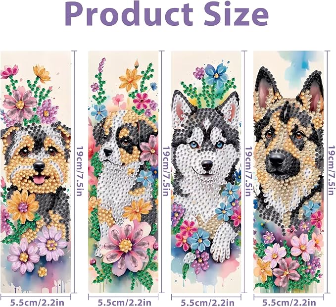 Dog Diamond Art Bookmarks for Adults, 4 PCS Dog Diamond Painting Bookmarks with Pendant, 5D Gem Art Bookmark, Acrylic Bookmark DIY Crafts for Books Decor Gift