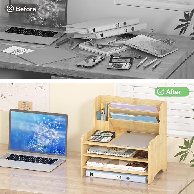 Desk File Organizer - 6-Tier Desktop Mail Letter Tray Paper Document Organizer with Pen Holder for Home Office Supplies, Office Desk Accessories & Workspace (Nature)