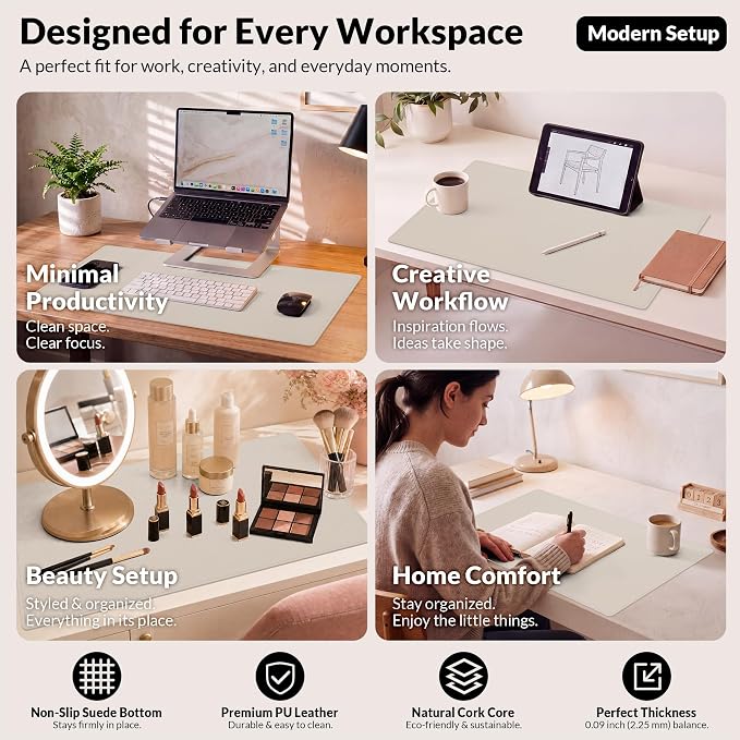 AFIING Cork Desk Mat, Beige, 23.6" x 13.8", Desk Pad Protector | Dual-Sided Natural Cork & PU Leather, Waterproof, Non-Slip, For Office, Home & Study