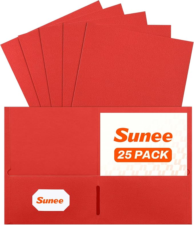SUNEE Folders with Pockets(25 Pack, Red), 2 Pocket Folders Fit Letter Size Paper, Paper File Folder for School Office Home Business