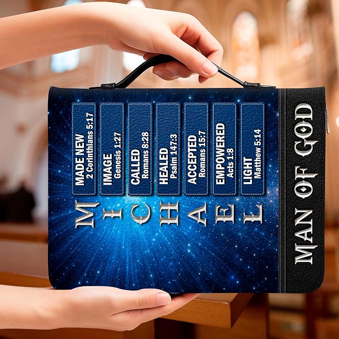 Personalized Man of God Bible Cover, God Says I Am Bible Case PU Leather, Bible Holder Handle Zipper, Faith Scripture with Name Case Bag, Religious Gifts for Church Christians Women Men (02)