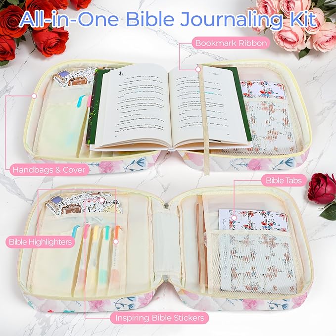 WOBAGMEN Bible Cover Case for Women,Large Bible Tote Bags Organizer Quilted Carrying Case for Girls,Bible Study Supplies Accessories Christian Gifts for Women (Watercolor Floral, M)