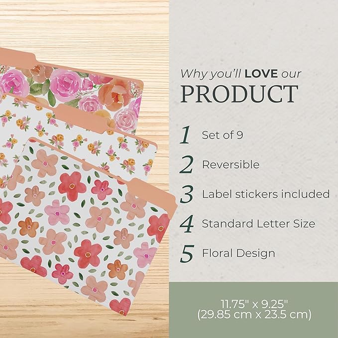 Steel Mill & Co Cute File Folders, Set of 9, Document Organizer for Filing Cabinet, Decorative Letter Size Files, Full Posey/Scattered Posey/Bold Floral