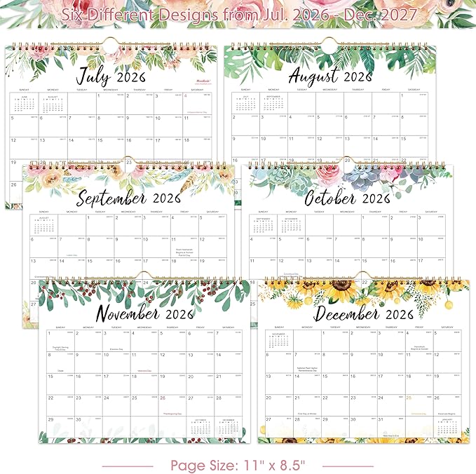 Calendar 2026-2027 - July 2026 - December 2027, Wall Calendar 2026-2027, 11" x 8.5", 18 Months Wall Calendar, Writing Blocks, Julian Dates, Spiral Bound