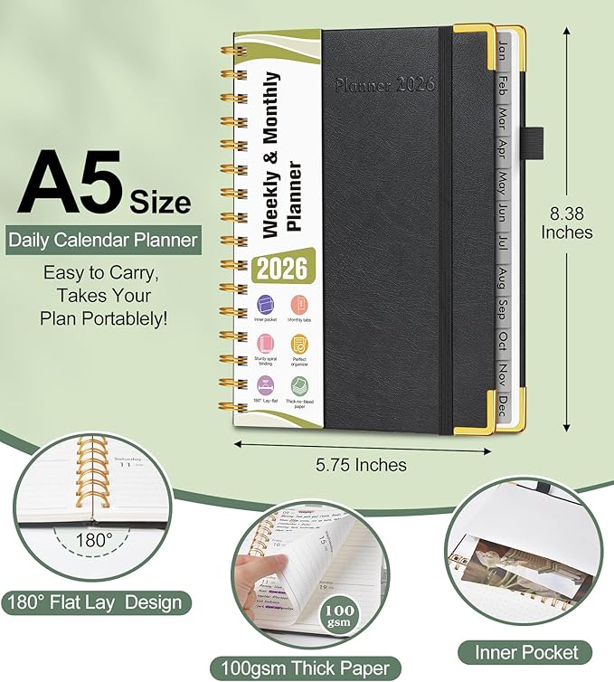 2026 Planner, Hardcover Leather Weekly and Monthly Planner, January 2026 - December 2026, Spiral Yearly Agenda Organizer Book 2026 with Tabs, Daily Calendar Planners for School Work Home, A5 (5.75" x 8.38"), Black