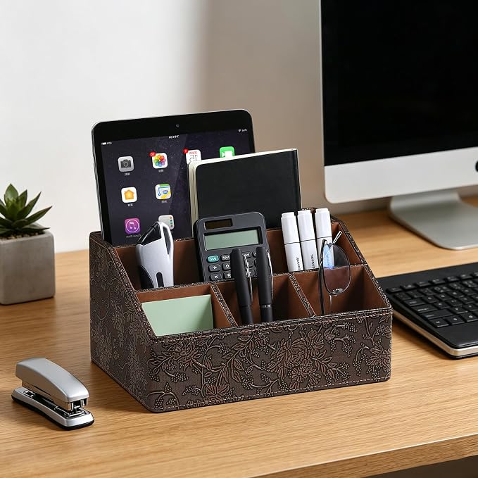 PU Leather Desktop Organizer, Home Luxury Remote Control Holder, Office Desk Accessory and Nightstand Storage Box, Vintage Style, Suitable for Living Room Tabletops (Brown Grape Pattern)