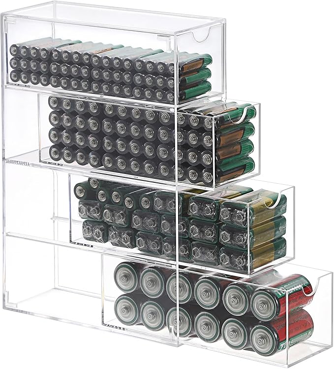 BTSKY 1 Pack Clear Acrylic Battery Storage Organizer for AA, AAA, 9V, C Batteries, 4-Drawer Storage Box Battery Holder Organizer for Common Types Batteries, Household Container(Batteries Not Included)