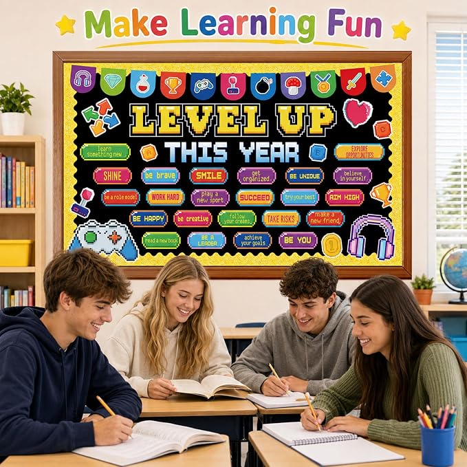 Video Game Bulletin Board Set Growth Mindset Classroom Decoration Level up This Year Bulletin Board Positive Affirmation Inspirational Game Cutouts for Back to School Chalkboard Wall Decor