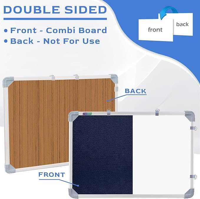 Combination Board 1.5x2 Feet (Magnetic White Board with Blue Pin-up Notice Board) with Push Pins for Home, Office & School, Heavy-Duty Aluminium Frame (White, Blue) (41x59 cm)