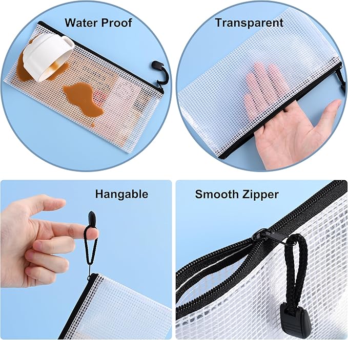 12 Pieces Clear Plastic Mesh Zip Pouch - Document Holder, Pencil Case, Waterproof Storage for Office Supplies, Bills, and Files.Black Zipper.