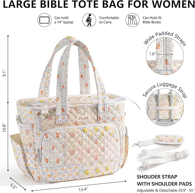 Large Bible Bag for Women Bible Cover Case, Quilted Puffer Bible Tote Bag Church Bag w/Shoulder Strap, Bible Study Supplies Journaling Kit Accessories Tabs, Mothers Day Christian Gifts for Women Mom