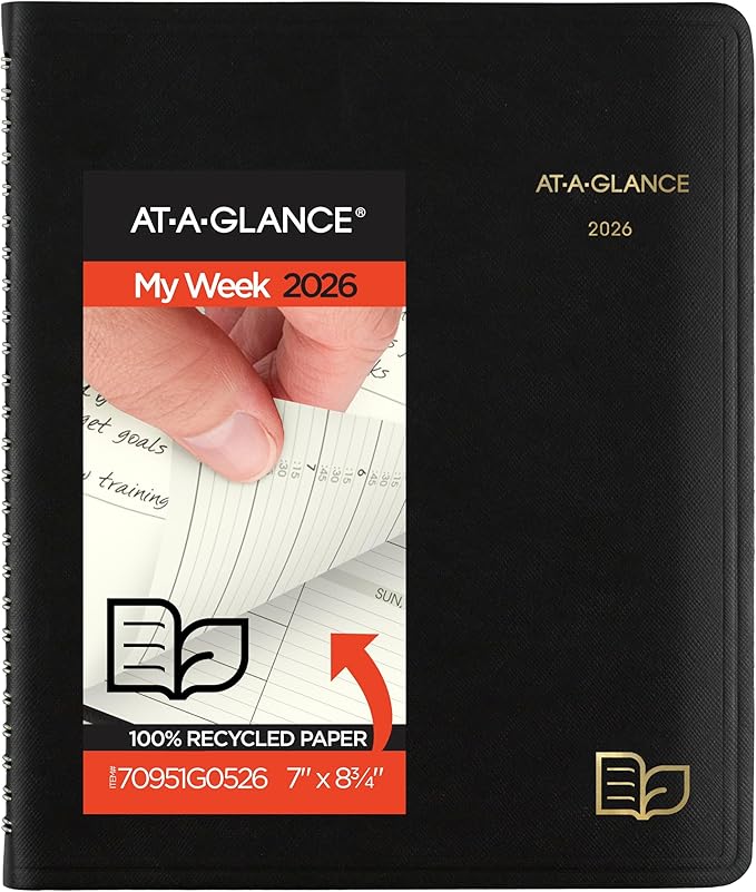 AT-A-GLANCE 2026 Appointment Book Planner, Weekly & Monthly, 7" x 8-3/4", Medium, Quarter-Hourly, Recycled, Black (70951G0526)