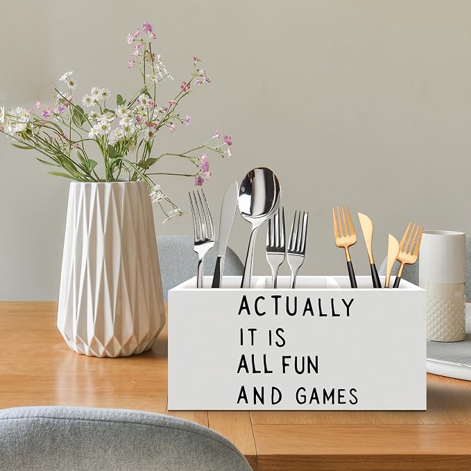 Funny Pen Holder, Actually It Is All Fun and Games Funny Office Pen Pencil Holder Organizer for Desk Accessories, Trendy Minimalist Wooden Box Desk Decor for Home Office Desk Decorations