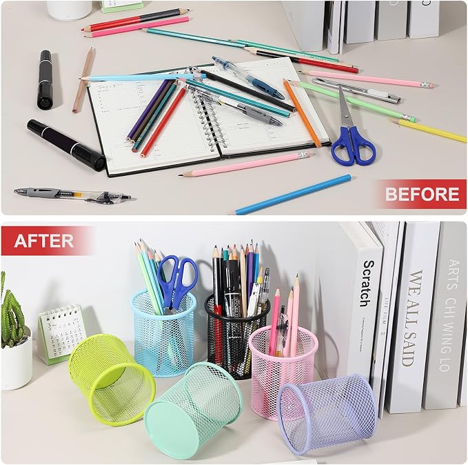 uxcell 2Pcs Mesh Pencil Holder, Metal Pen Cup Desk Organizer Makeup Brush Cup Holder for Home, Office, Classroom(Blue)