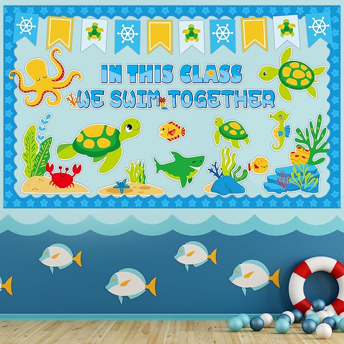 QOUBAI Sea Turtle Bulletin Board Set Ocean Themed Classroom Bulletin Board Decorations Under The Sea Turtle Cutouts Classroom Decorations for Back to School Office Home Chalkboard Decor Wall Door