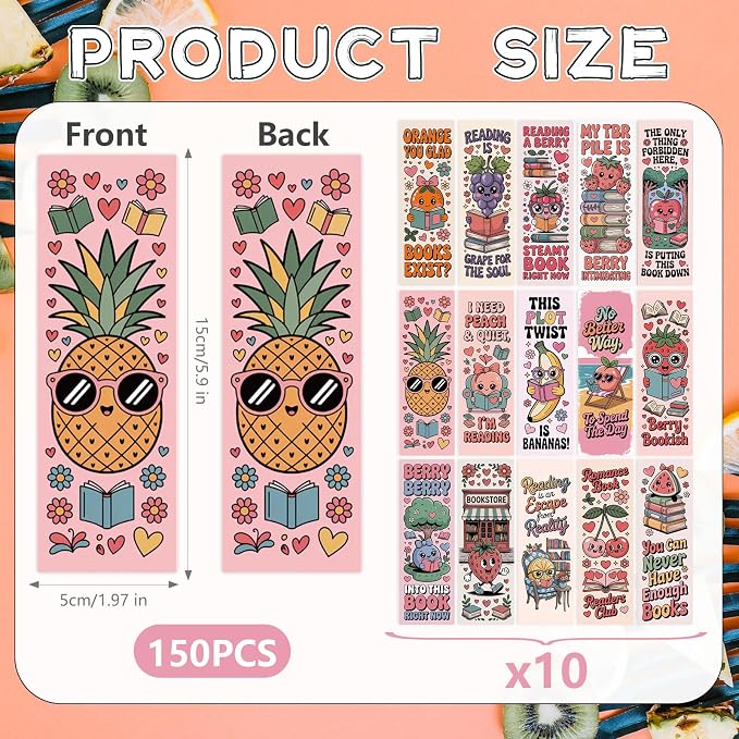 Funny Bookish Bookmarks for Kids, 150 Pcs Fun Fruits Bulk Paper Bookmark Reading Accessories for Women, Cute Watermelon Pineapple Strawberry Bulk Book Marks Gift for Kid Students Book Lovers