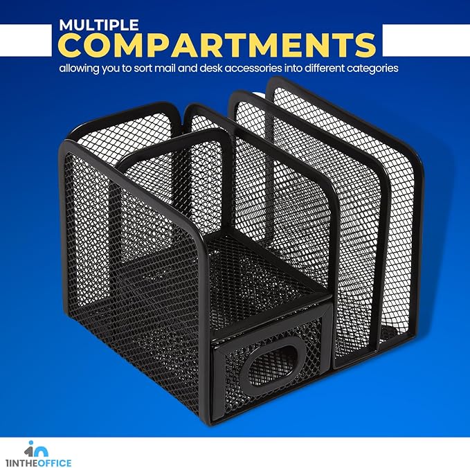 1InTheOffice 5 Compartment Wire Mesh Accessory Holder, Mesh Desk Organizer, Organizer for Desk, Matte Black, 1 Pack