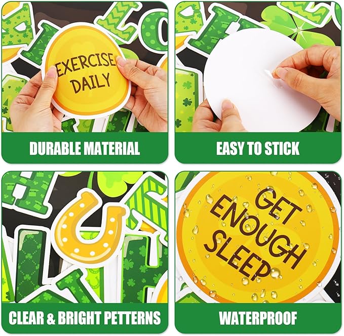 JarThenaAMCS St. Patrick's Day Health Bulletin Board Set Lucky Shamrock Classroom Decorations Clover Gold Coin Paper Cutouts for Irish Party Supplies School Classroom Chalkboard Wall Decor