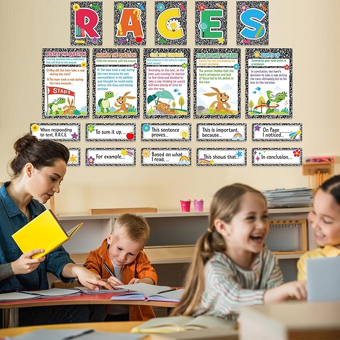 Outus 36 Pcs RACES Writing Strategy Bulletin Board Set, Alphabet Cutout Poster Sentence Starters Cards for Elementary School Classroom, Writing Display Wall Decoration Teacher Supply(Composition)