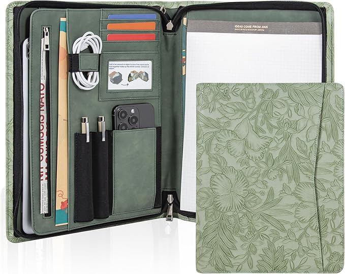 AZXCG Leather Portfolio with Zipper, Embossed Leather Padfolio for Women, Professional Business Portfolio Organizer fits 13" Tablet, Writing Pad Holder, Gifts for Women/Men, Valentine's Day Gift