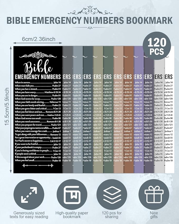 120 Pcs Bible Emergency Numbers Bookmark, Christian Bookmarks, Religious Bible Verse Bookmark, Christian Gifts for Church Supplies, Giveaways for Church Welcome Gifts Sunday (Morandi)