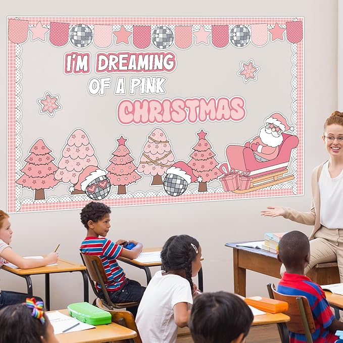 ojustbeok Pink Christmas Bulletin Board Set Xmas Santa Bulletin Board Decoration Christmas Tree Snowman Paper Cutouts for School Classroom Home Chalkboard Wall Xmas Winter Holiday Party Supplies