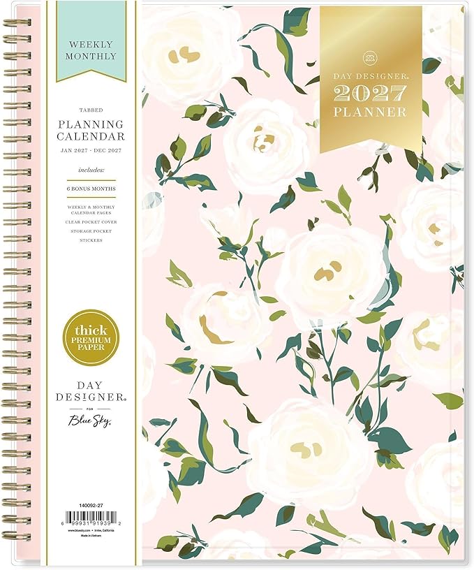 Blue Sky Day Designer 2027 Weekly and Monthly Planner Calendar, January 2027 - December 2027, 8.5" x 11", Clear Pocket Cover, Durable Twin Wire Binding, Storage Pocket, Stickers, Coming Up Roses