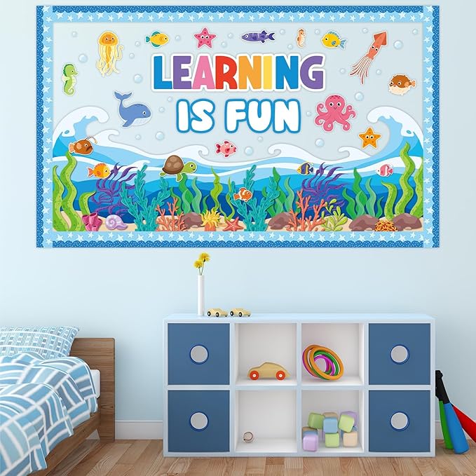 Summer Ocean Sea Bulletin Board Decorations Learning is Fun Positive for Summer Theme Classroom Back to School Bulletin Board Border Set Ocean Under The Sea Fish Paper Cutouts for School Home Decor