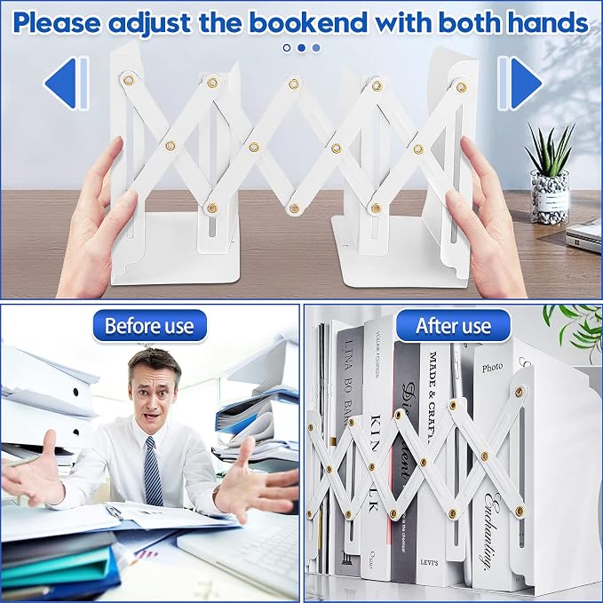 Heavy Duty Book End to Hold Books, Goihgioh Adjustable Bookends Book Organizer for Desk, Decorative Book Holders for Shelves, White Metal Book Ends for Office Home Tabletop