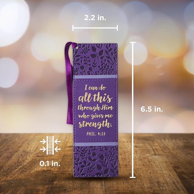 Christian Art Gifts Inspirational Premium Vegan Leather Scripture Bookmark for Women: I Can Do All This Encouraging Bible Verse, Satin Ribbon Tassel for Reading, Heat-Debossed, Purple Floral & Gold