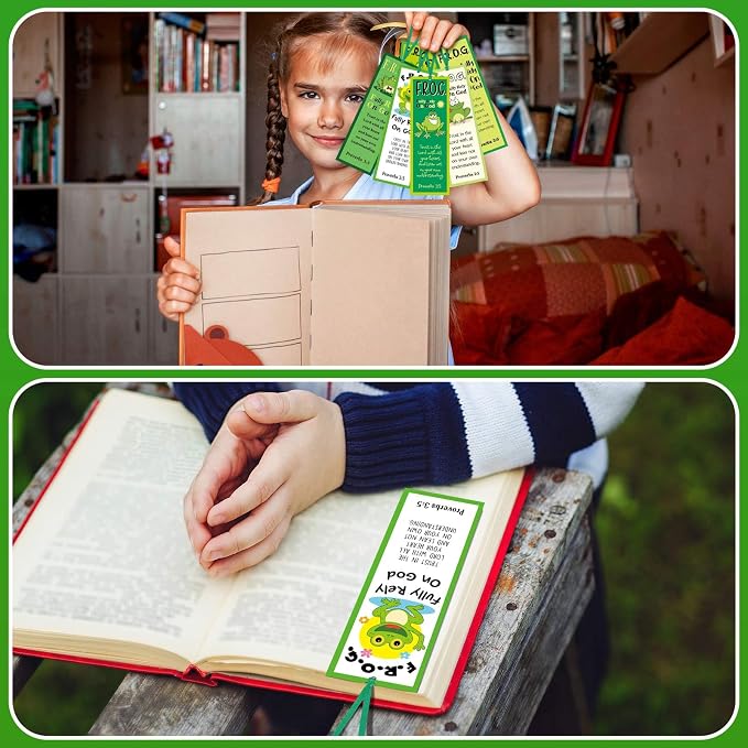 60 Pcs Fully Rely On God Frog Bookmarks Proverbs 3: 5 F.R.O.G. Christian Bible Verse Bookmark Gift Religious Inspirational Bookmark for Church Sunday School VBS(Fully Rely on God)
