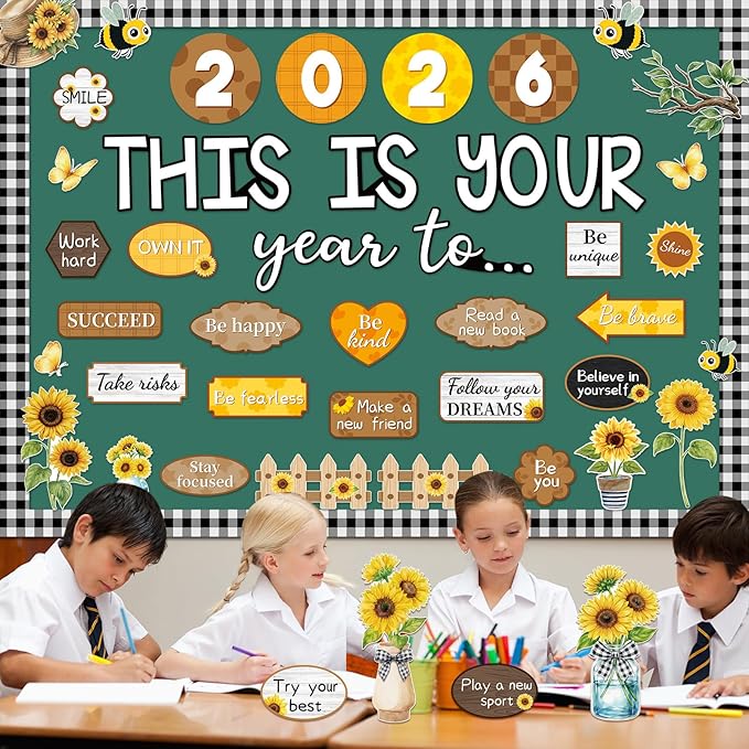 Eaasty Sunflower This is Your Year to Bulletin Board Set Flower Fence Bee Cutouts Motivational Welcome Back to School Classroom Decor for School Office Chalkboard Door Wall Decor Supply