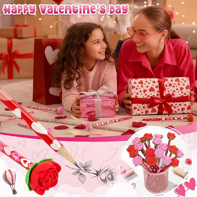 Gersoniel 36 Pcs Valentines Pencils 18 Valentines Day Pencil 18 Giant Rose Eraser Stationary Set for Valentine kid Classroom Reward Students gift Party Favors Goodie Stuffer School Teacher (Valentine)