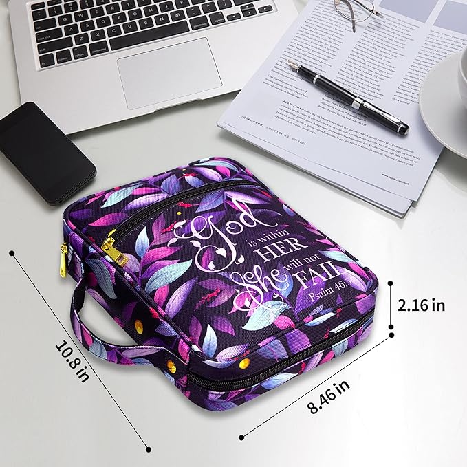 Bible Cover for Women, Bible Holder, Bible Cover Carrier Carrying Organizer Bag, God is Within Her She Will Not Fall, Zipper and Pockets for Standard Size Bible, Gift for Women(Pink1)