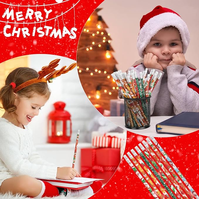 SULOLI Christmas Pencils with Eraser, 32pcs Xmas Themed Pencil with Santa Claus, Elk, Christmas Tree and Snowflake for Kids Christmas Party Supplies(8 Styles)