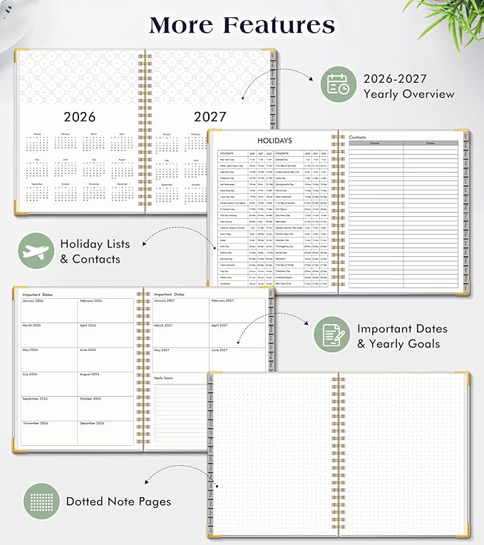 Planner 2026-2027, 18 Months Weekly and Monthly Hardcover Planner, January 2026 - June 2027, 8.5" x 11" A4 Large Daily Calendar Planner Book with Tabs, Spiral Yearly Agenda Organizer Notebook for School Work Home, White