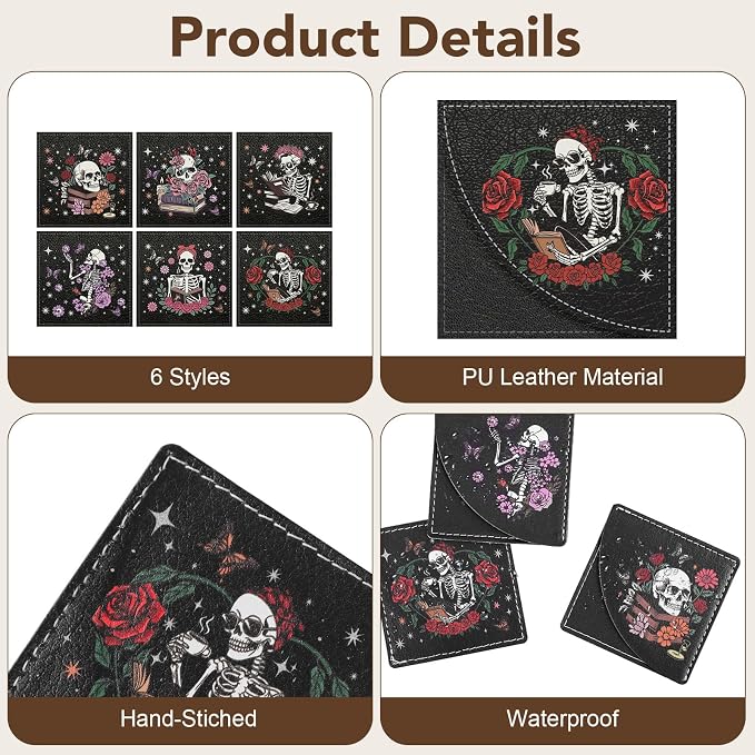6Pcs Skull Corner Bookmarks,2.76 ×2.76Inch Skeleton PU Leather Book Marks Book Reading Accessories Birthday Gifts for Book Lovers Reading Women, Men, Student, Teacher