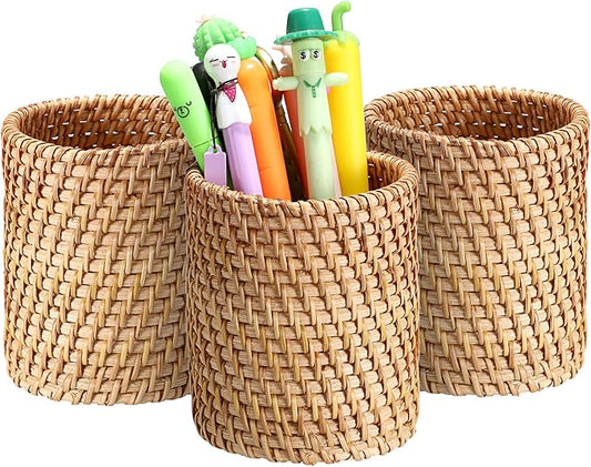 BTSKY 3 Pack Rattan Pen Cup, Handmade Desk Pencil Holders Makeup Brush Holder Multi-Functional Woven Basket Office&Home Desktop Organizer (Cylinder)