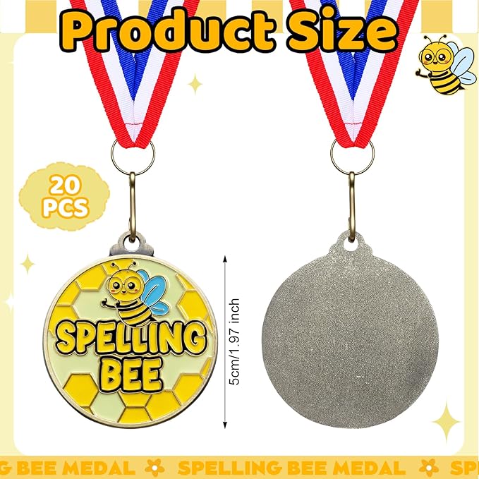 Cunno 20 Pcs Spelling Bee Medals Bulk 2'' Spelling Bee Honeycomb Award Medals with Neck Ribbon Trophy Prizes Winner Gift for School Classroom Students Teaching Competitions Supplies