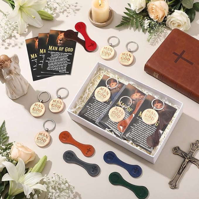 AmazingSpark 15 Sets Man of God Christian Gifts for Father's Day, Church Keychains Religious Magnetic Bookmarkers with Bible Verse Card Happy Father's Day Gifts for Father Priest Ministry (Classic)