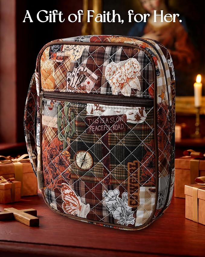 Miss Adola Bible Cover Case for Women - Quilted Bible Carrying Case Organizer Study Bag with Zipper Handle and Shoulder Strap Western Patchwork Style Book Cover for Teen Girls