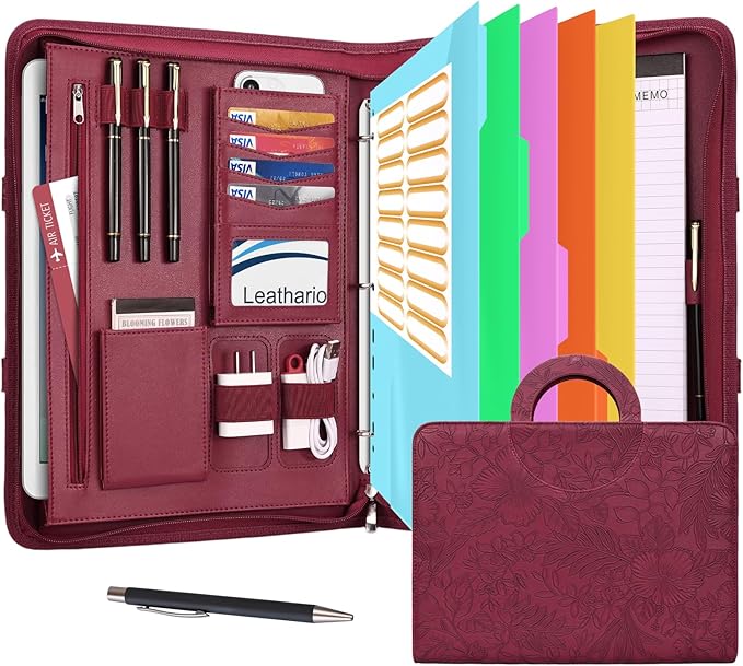 Leathario Portfolio Binder, Includes 5 Folder Index Dividers, 13 Inch Tablets Organizer with Handle, Vegan Leather A4 Padfolio, Multi-Pocket Notepad Business Planner Professional Document