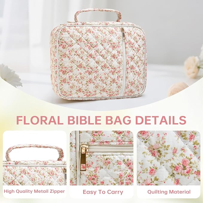 Bible Cover Case for Women Large Bible Cover with Durable Handle Quilted Bible Carrying Case for Girls Bible Study Supplies Accessories (Siamese Rose, Siamese Rose)