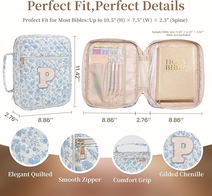 Personalized Initial Bible Cover Case for Women – Large Quilted Bible Bag with Handle, Chenille Letter, Bible Study Kit, Christian Gift for Mom, Grandma & Daughter (Blue Floral-P)