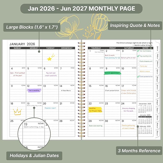 2026-2027 Monthly Planner, 18 Monthly Calendar Planner, January 2026 - June 2027, 8’’ x 10’’, 2026 Spiral Agenda with Tabs ＆Pocket, Flexible Cover, Organizer Notebook for Office Home School, Flowers
