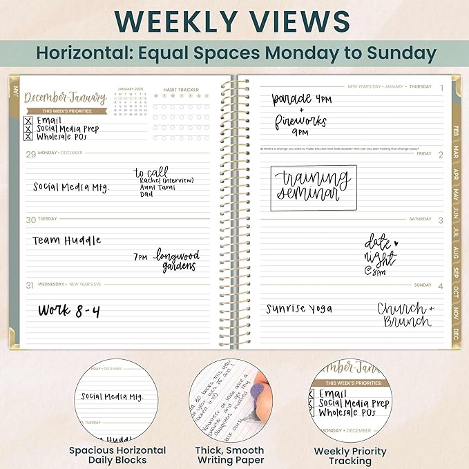 bloom daily planners HARDCOVER 2026 Planner for Women (January to December) - 8.5” x 11” Weekly & Monthly Dated Agenda Organizer Book with Stickers & Tabs - Green Linen