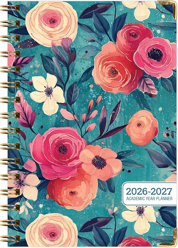 HARDCOVER Academic Year 2026-2027 Planner: 14 Months (May 2026 Through June 2027) 5.5"x 8" Daily Weekly Monthly Planner Yearly Agenda. Bookmark, Pocket Folder and Sticky Note Set (Teal Floral)